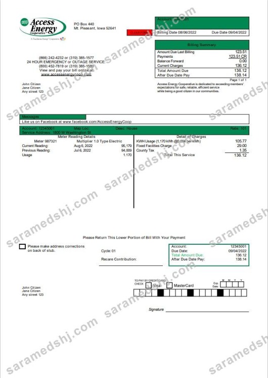 USA Iowa Access Energy Cooperative utility bill template in Word and PDF format